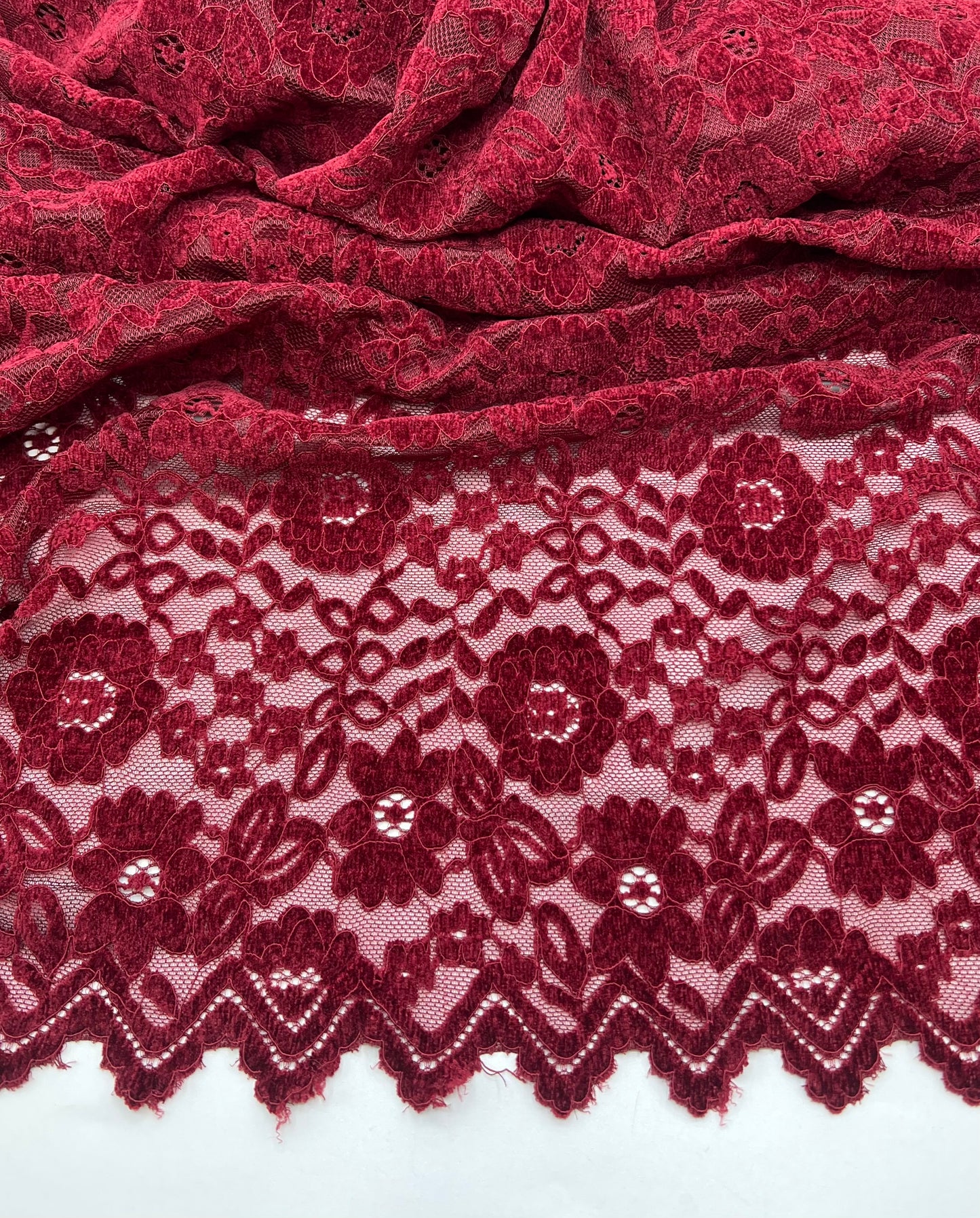 Burgundy Embossed Textured Scalloped Edge Floral Lace Fabric Stretch