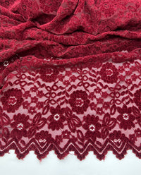 Burgundy Embossed Textured Scalloped Edge Floral Lace Fabric Stretch