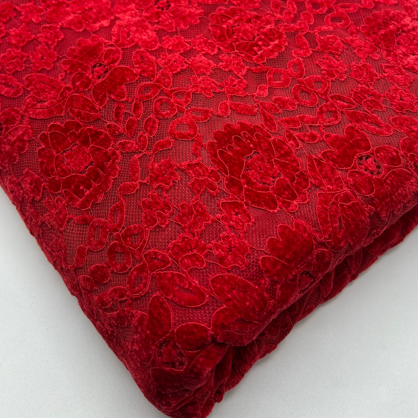 Red Embossed Textured Scalloped Edge Floral Lace Fabric Stretch
