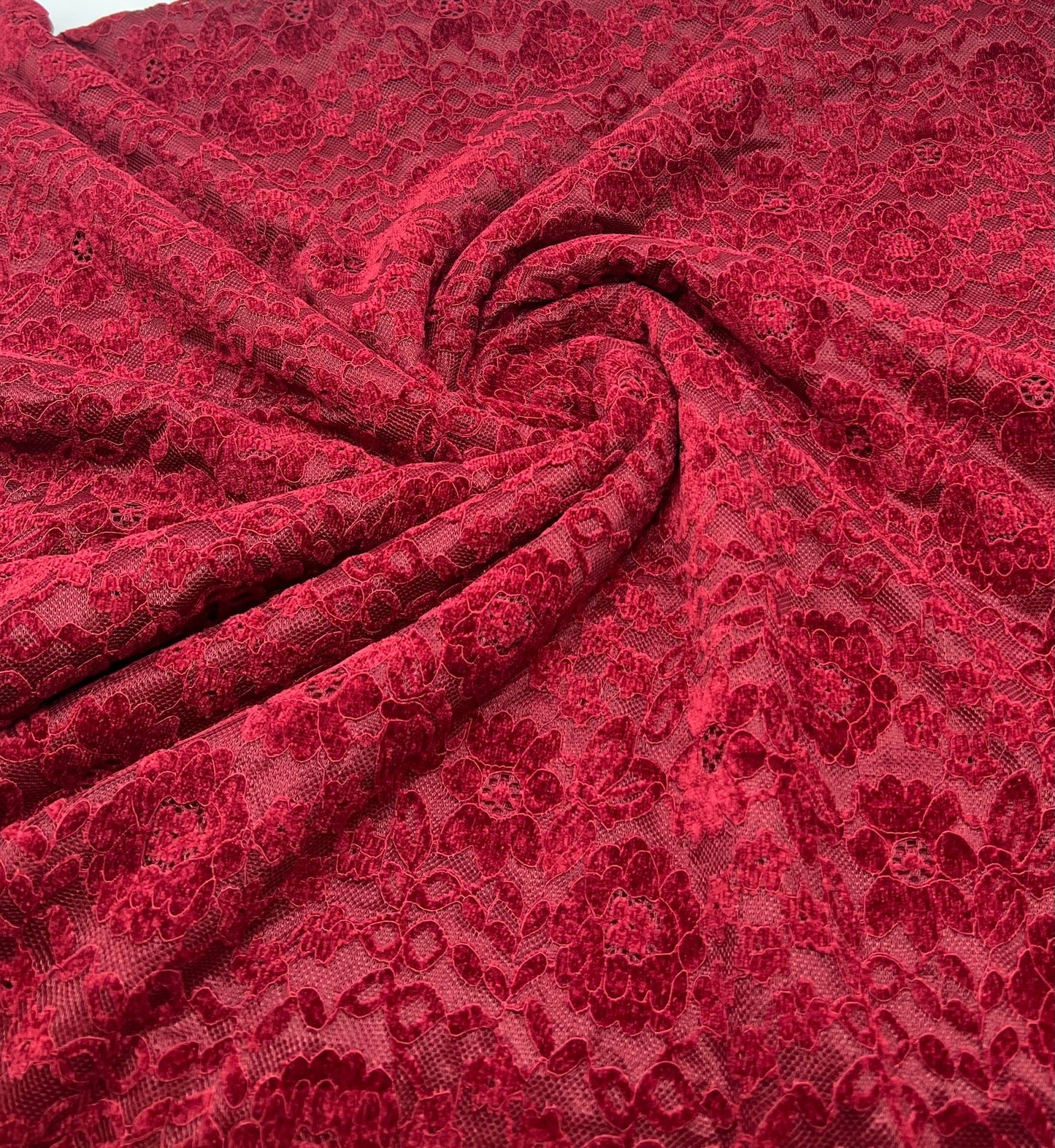 Burgundy Embossed Textured Scalloped Edge Floral Lace Fabric Stretch