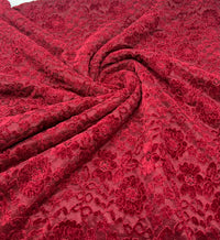 Burgundy Embossed Textured Scalloped Edge Floral Lace Fabric Stretch