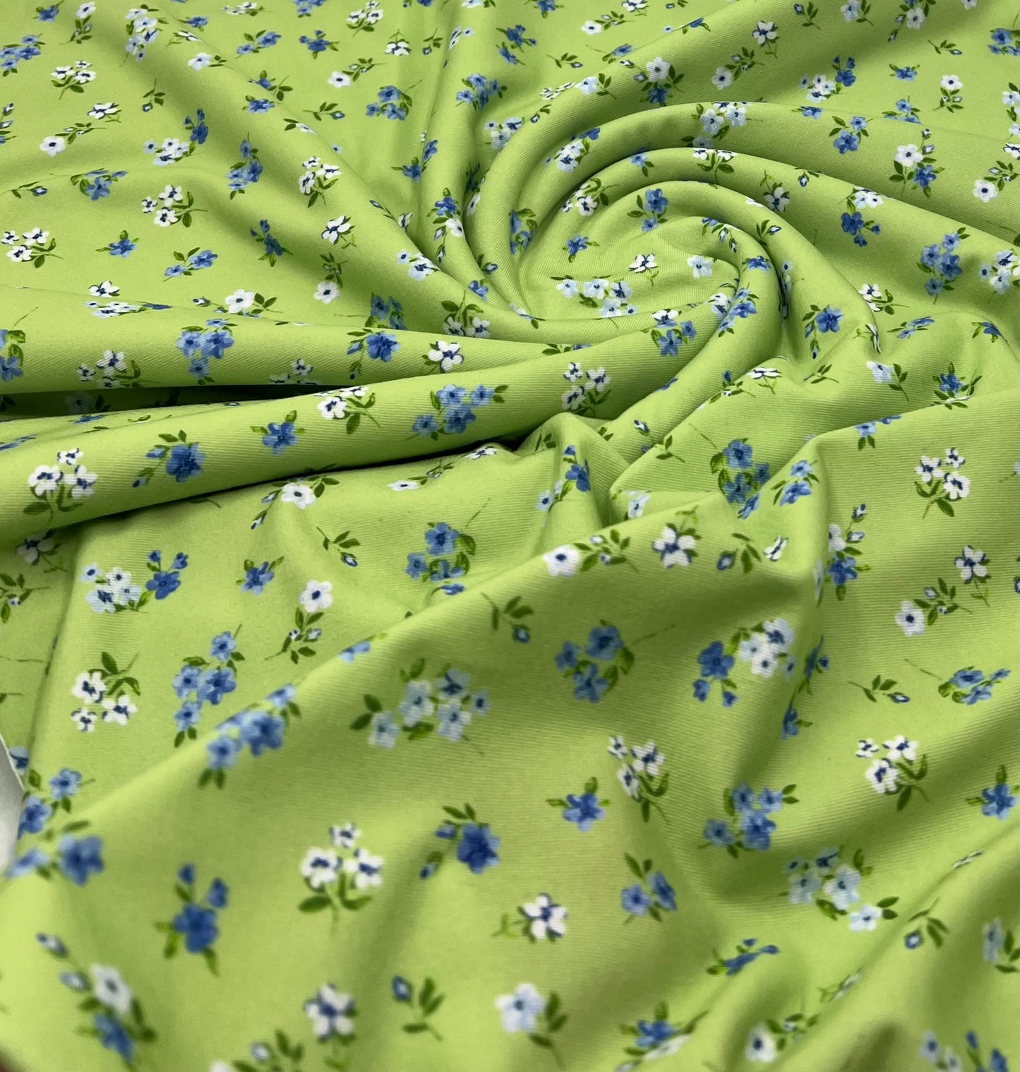 Bright Green Ditsy Floral Print Spun Poly Stretch Fabric