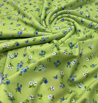 Bright Green Ditsy Floral Print Spun Poly Stretch Fabric