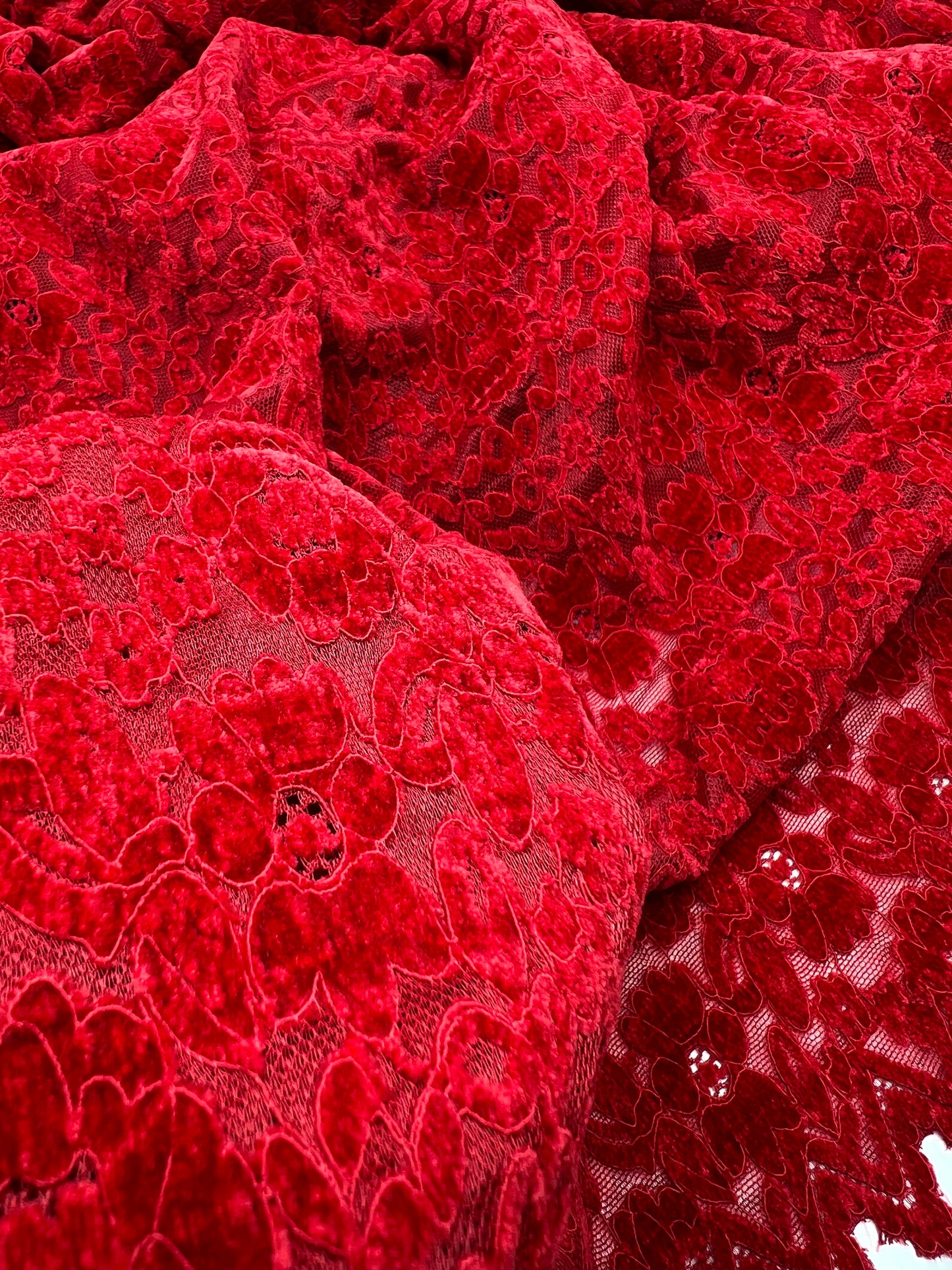 Red Embossed Textured Scalloped Edge Floral Lace Fabric Stretch