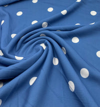 Blue White Polka Print Lightweight Bubble Crepe Fabric