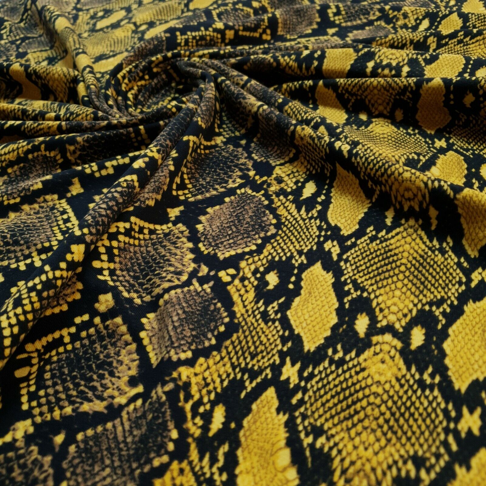 1.4 Metre Snake Yellow Printed Cotton Lycra Stretch Jersey Fabric - T9 Fabrics