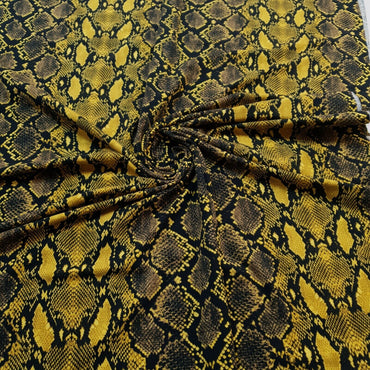 1.4 Metre Snake Yellow Printed Cotton Lycra Stretch Jersey Fabric - T9 Fabrics