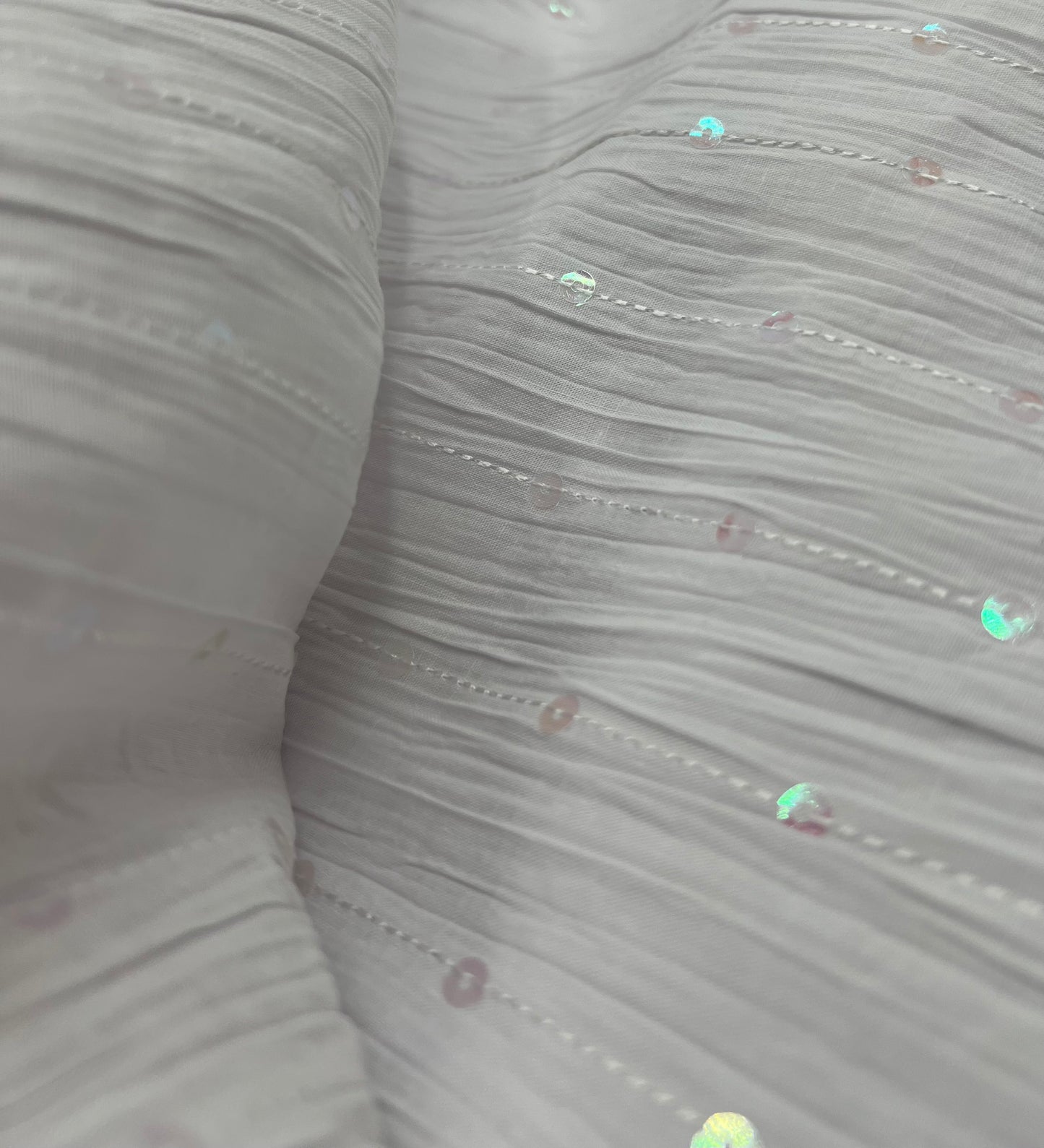 White Sequin Crinkled Lightweight Non Stretch Fabric