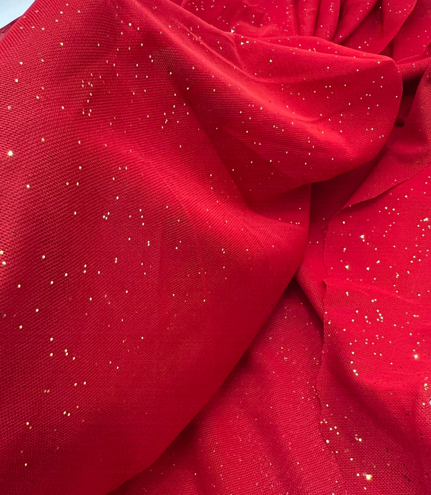 Red Gold Glitter Sparkle Mesh Fabric Stretch
