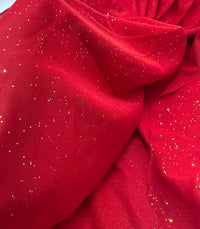 Red Gold Glitter Sparkle Mesh Fabric Stretch