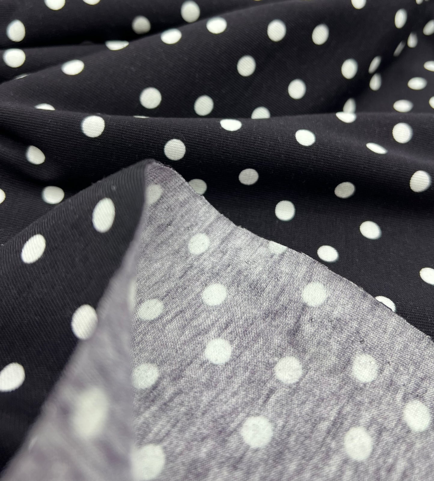 **SALE** Black Polka Spot Cotton Stretch Jersey 200 GSM 95/5 Lycra 4 Way Stretch