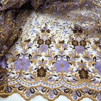 Gold Brown Lilac Floral Embroidered Tulle Lace Fabric