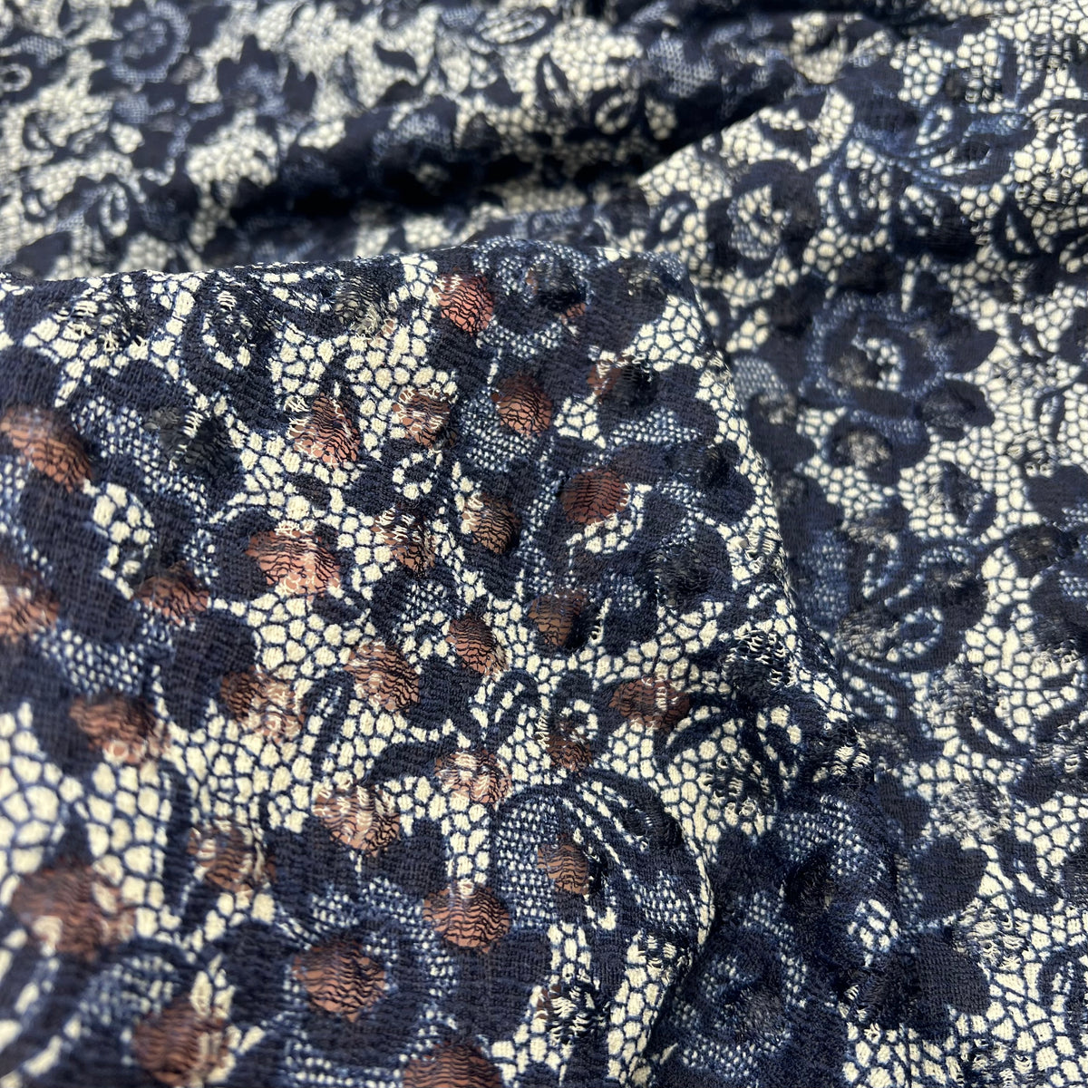 Navy Beige Floral Lace Fabric Stretch