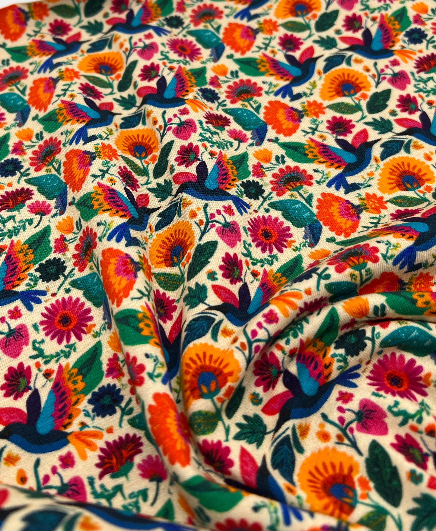 Folk Art Birds Print Cotton Stretch Jersey 200 GSM 95/5 Lycra 4 Way Stretch