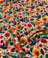 Folk Art Birds Print Cotton Stretch Jersey 200 GSM 95/5 Lycra 4 Way Stretch