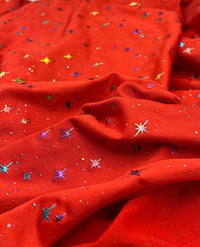 2 Metres Red Multi Star Printed spun poly Fabric - T9 Fabrics