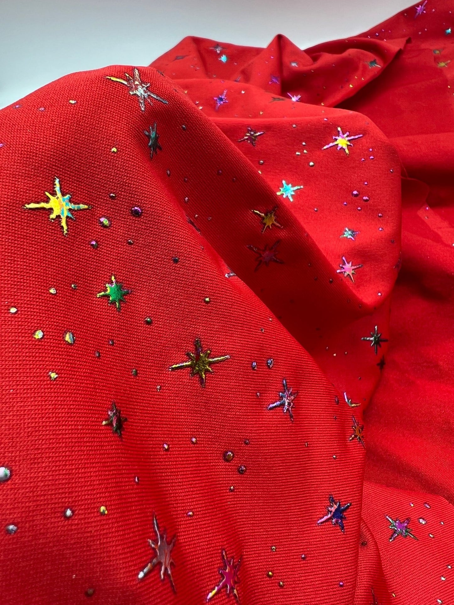 2 Metres Red Multi Star Printed spun poly Fabric - T9 Fabrics