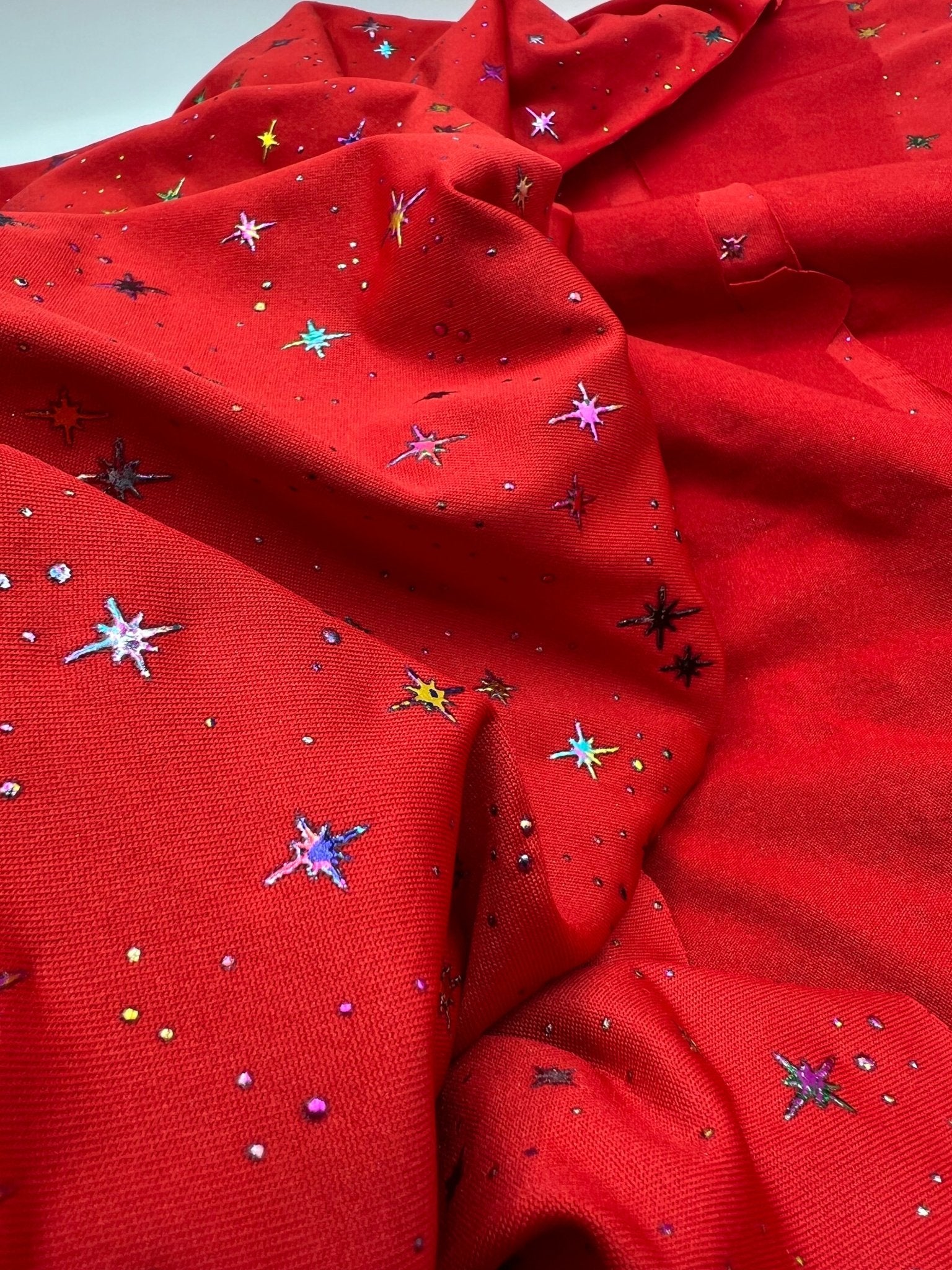 2 Metres Red Multi Star Printed spun poly Fabric - T9 Fabrics