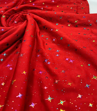 2 Metres Red Multi Star Printed spun poly Fabric - T9 Fabrics