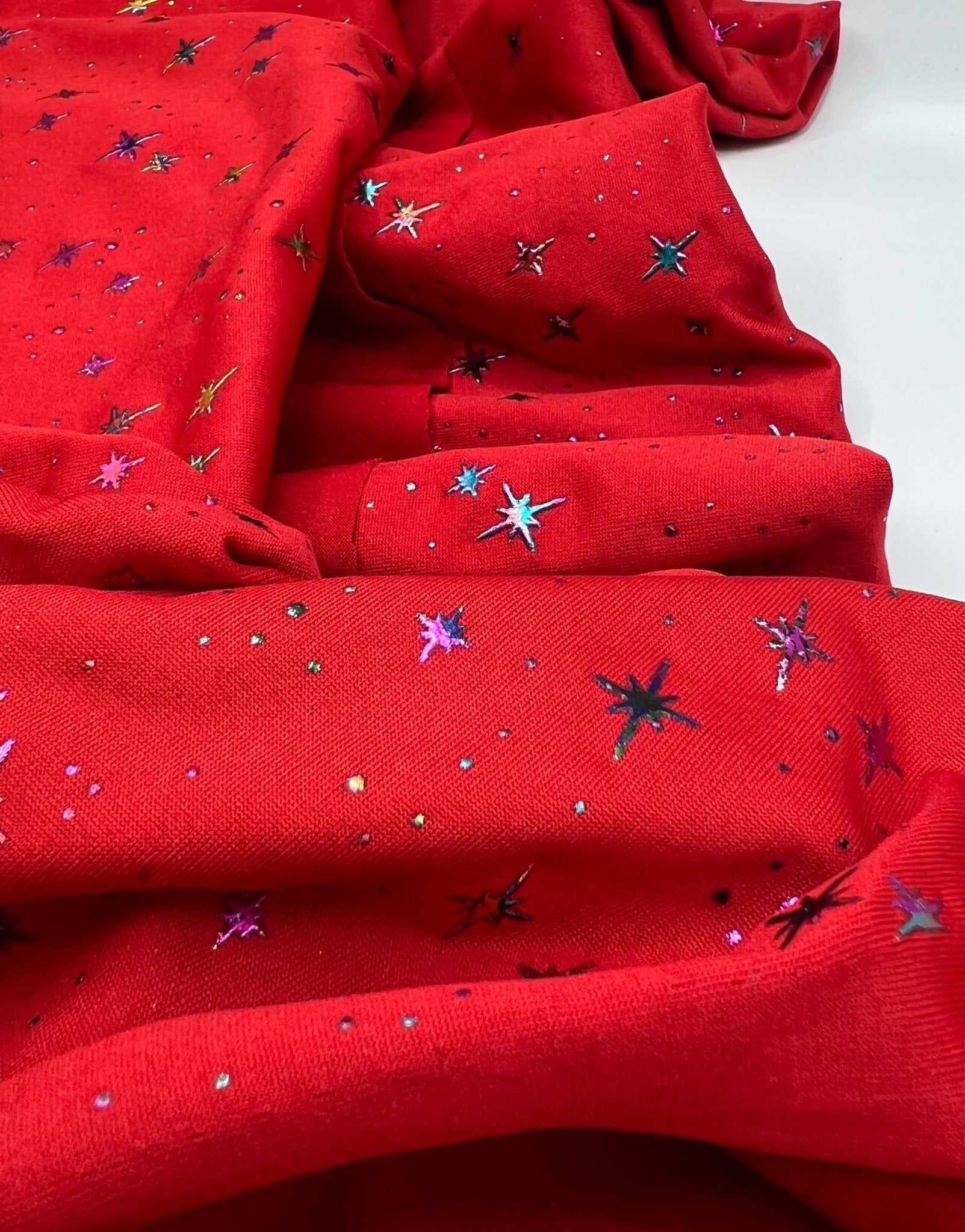 2 Metres Red Multi Star Printed spun poly Fabric - T9 Fabrics