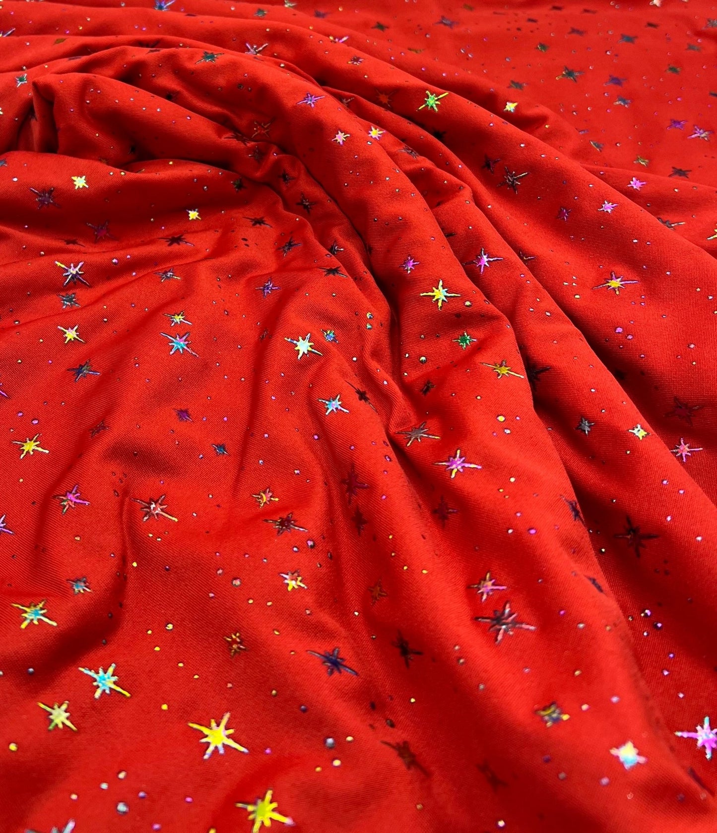 2 Metres Red Multi Star Printed spun poly Fabric - T9 Fabrics