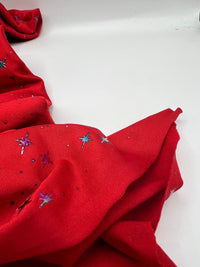 2 Metres Red Multi Star Printed spun poly Fabric - T9 Fabrics