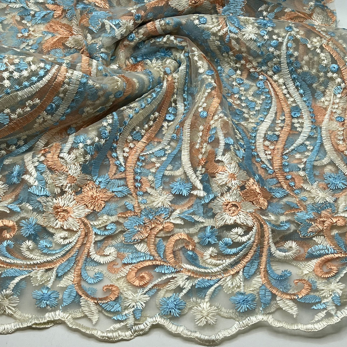 Blue Coral Beige Floral Embroidered Tulle Lace Fabric
