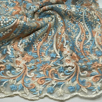 Blue Coral Beige Floral Embroidered Tulle Lace Fabric