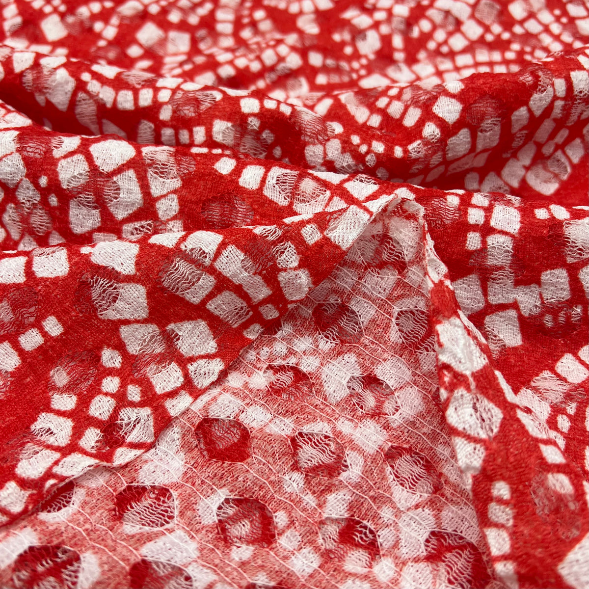 Red & White Abstract Mosaic Lace Fabric Stretch