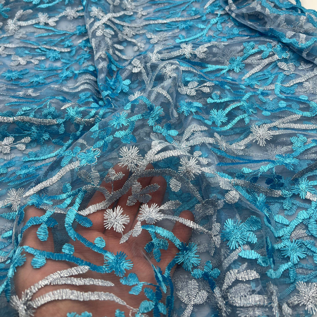 Blue Silver Floral Embroidered Tulle Lace Fabric