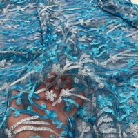 Blue Silver Floral Embroidered Tulle Lace Fabric
