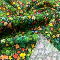 Green Clover Ditsy Floral Print Cotton Needlecord Non Stretch Fabric