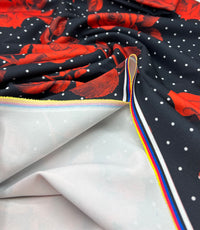 Black Rose Spot Printed Scuba Crepe Fabric 4 Way Stretch