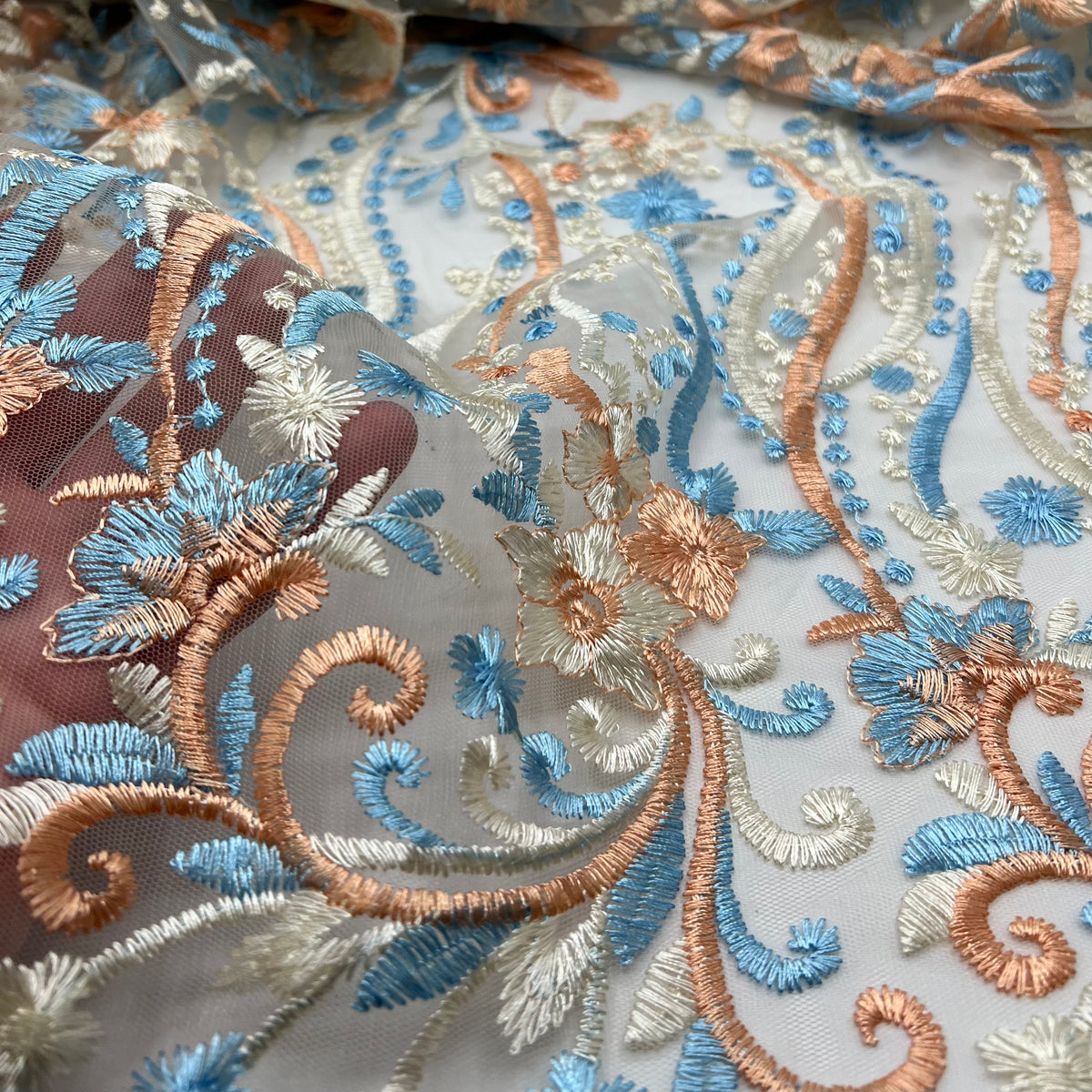 Blue Coral Beige Floral Embroidered Tulle Lace Fabric