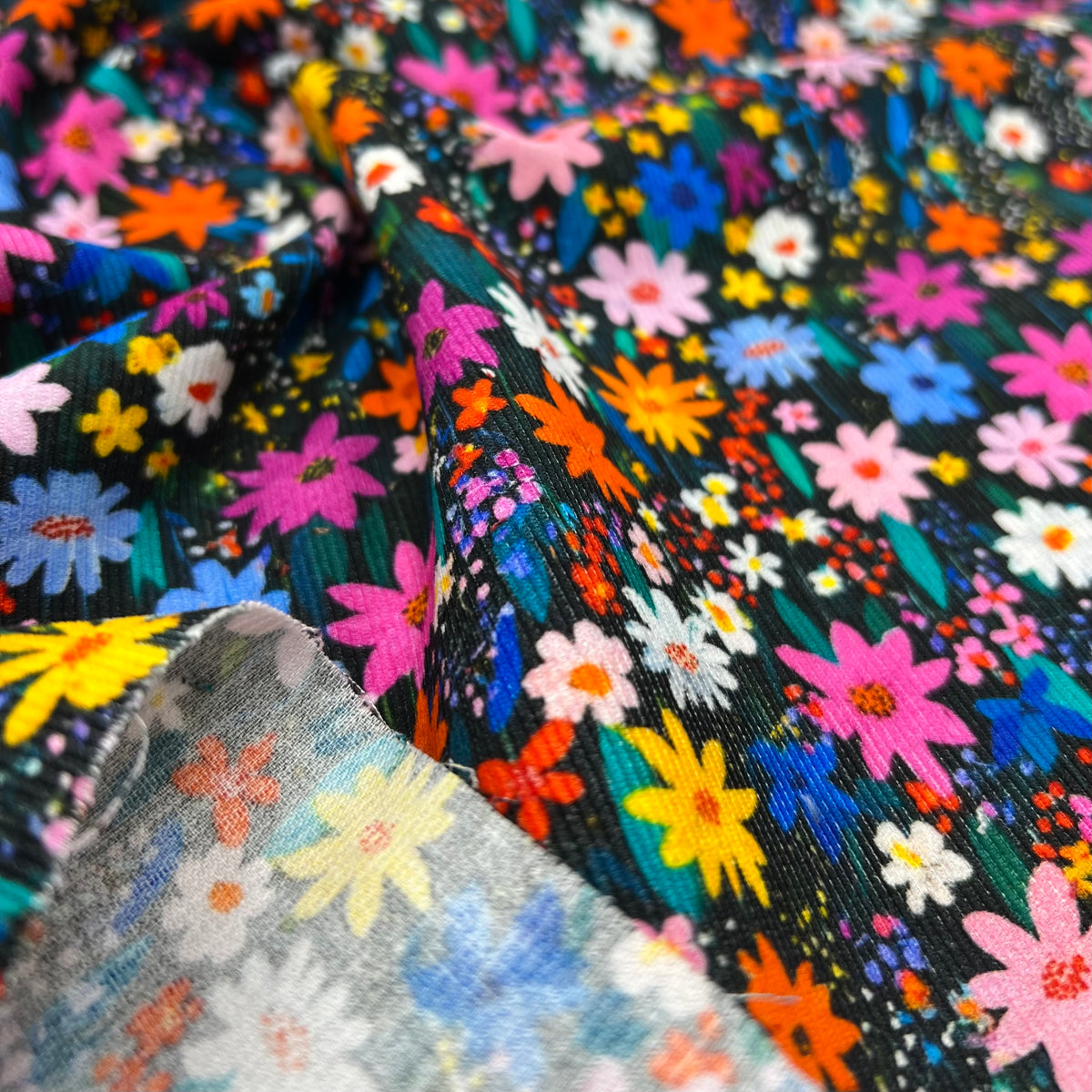 Bright Multi Floral Print Cotton Needlecord Non Stretch Fabric
