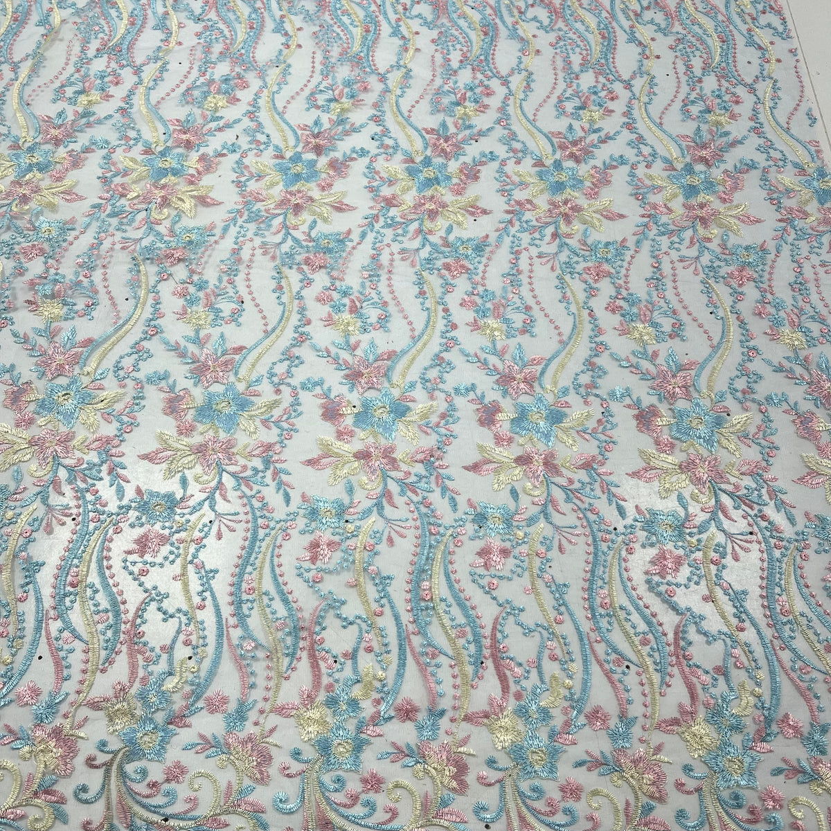 Blue Baby Pink Beige Floral Embroidered Tulle Lace Fabric