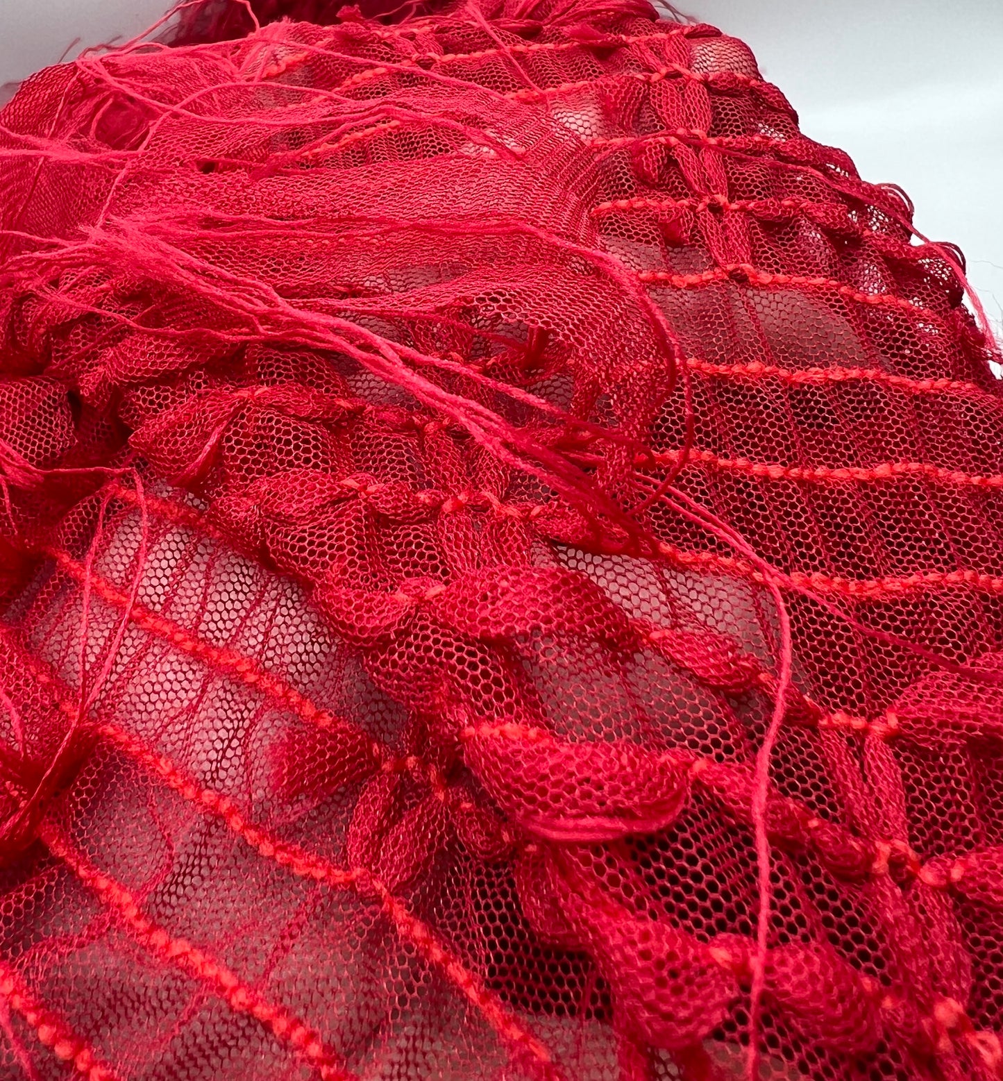 Red Textured Mesh Tassel Fabric 2 Way Stretch