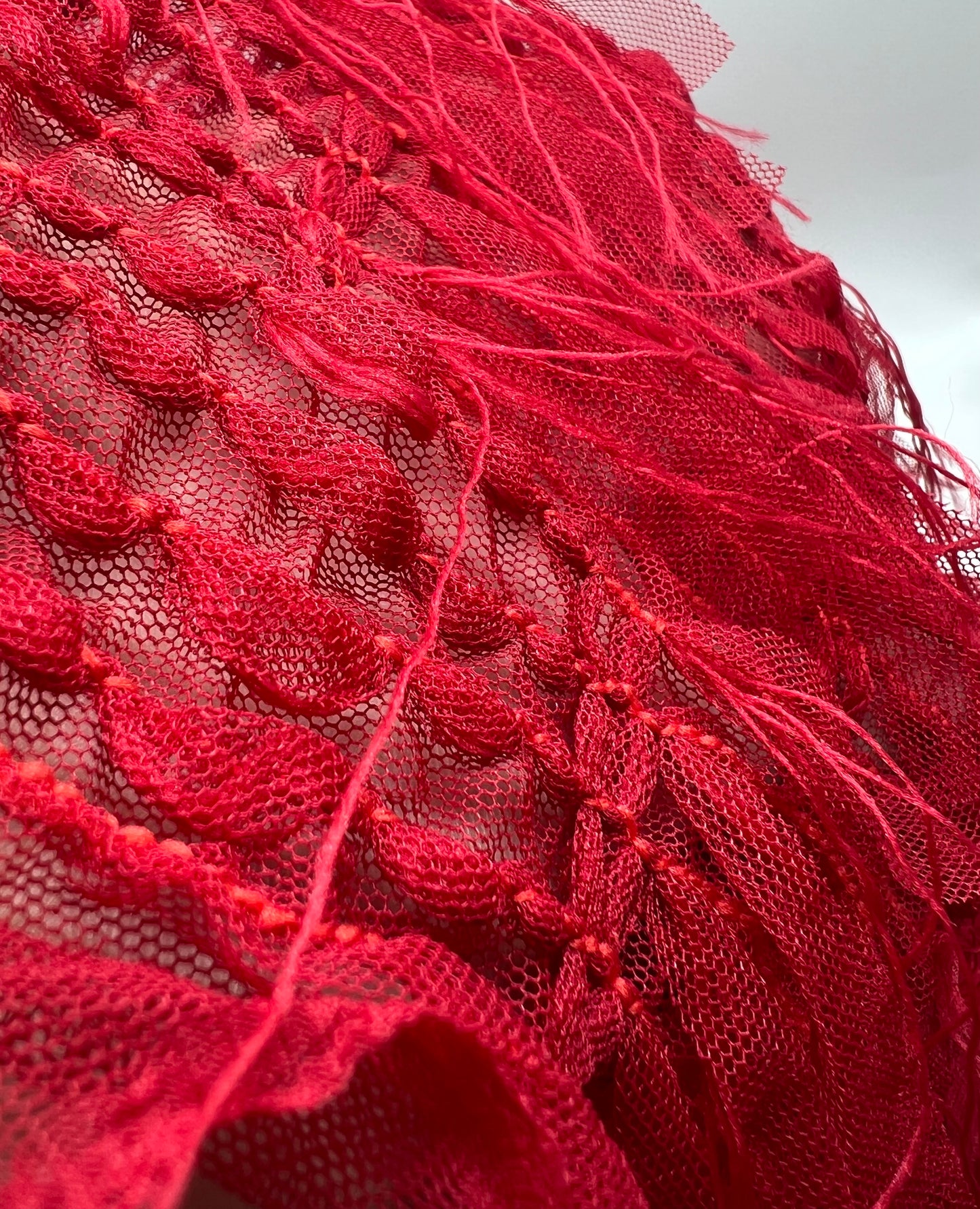 Red Textured Mesh Tassel Fabric 2 Way Stretch