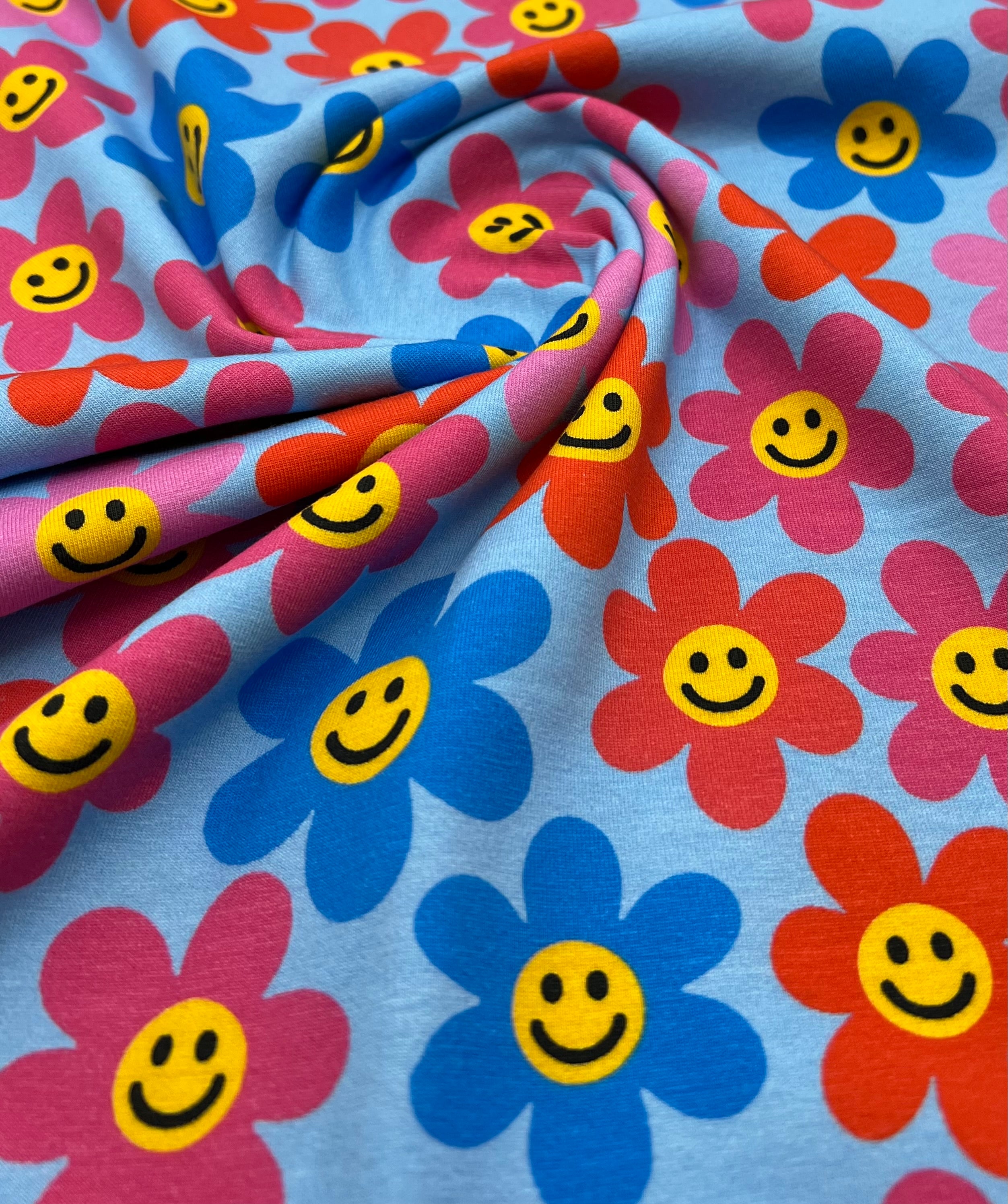 Happy Blooms Print Cotton Stretch Jersey 200 GSM 95/5 Lycra 4 Way Stretch