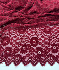 Burgundy Embossed Textured Scalloped Edge Floral Lace Fabric Stretch
