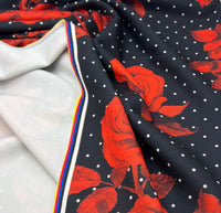 Black Rose Spot Printed Scuba Crepe Fabric 4 Way Stretch