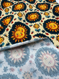 Folk Art Sun Faces Print Cotton Stretch Jersey 200 GSM 95/5 Lycra 4 Way Stretch