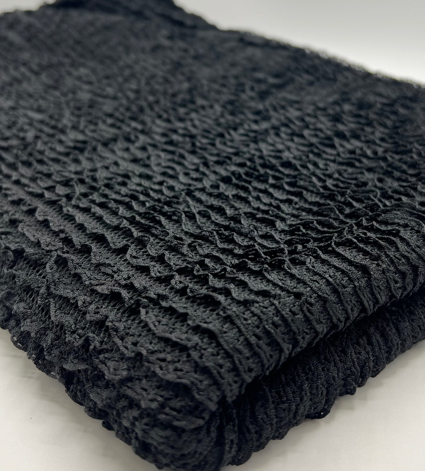 Black Ruffle Crochet Frill Knitted Stretch Fabric 300GSM