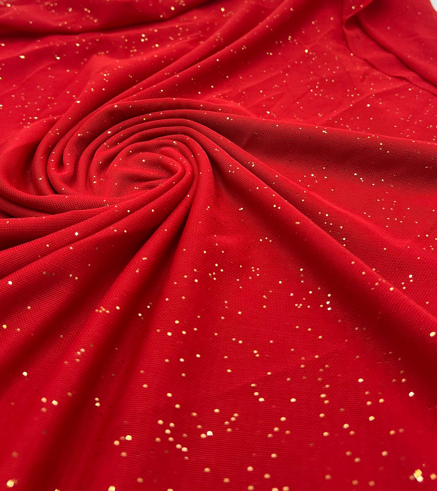 Red Gold Glitter Sparkle Mesh Fabric Stretch