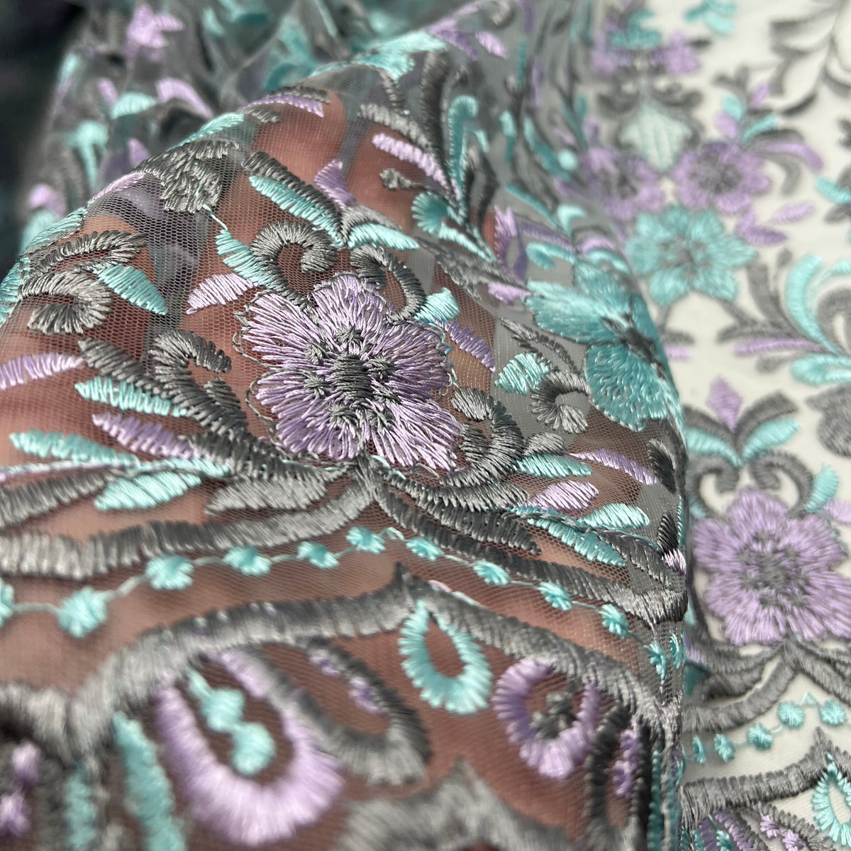 Grey Aqua Lilac Floral Embroidered Tulle Lace Fabric