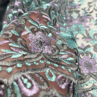 Grey Aqua Lilac Floral Embroidered Tulle Lace Fabric