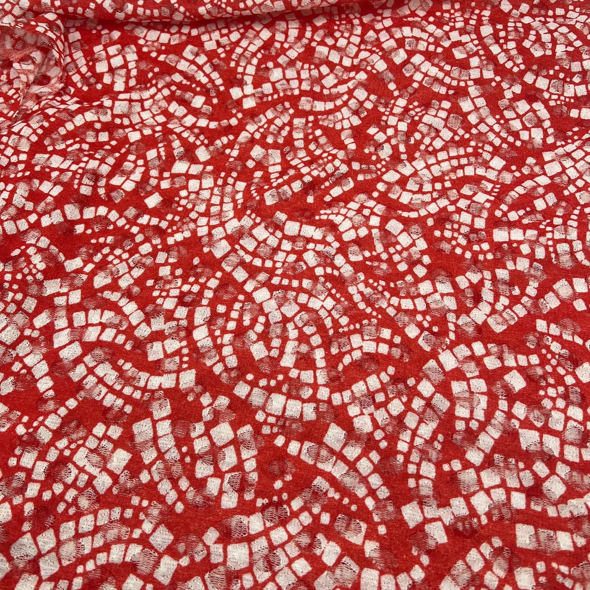 Red & White Abstract Mosaic Lace Fabric Stretch