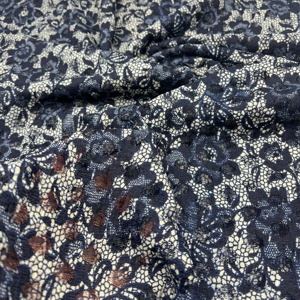Navy Beige Floral Lace Fabric Stretch