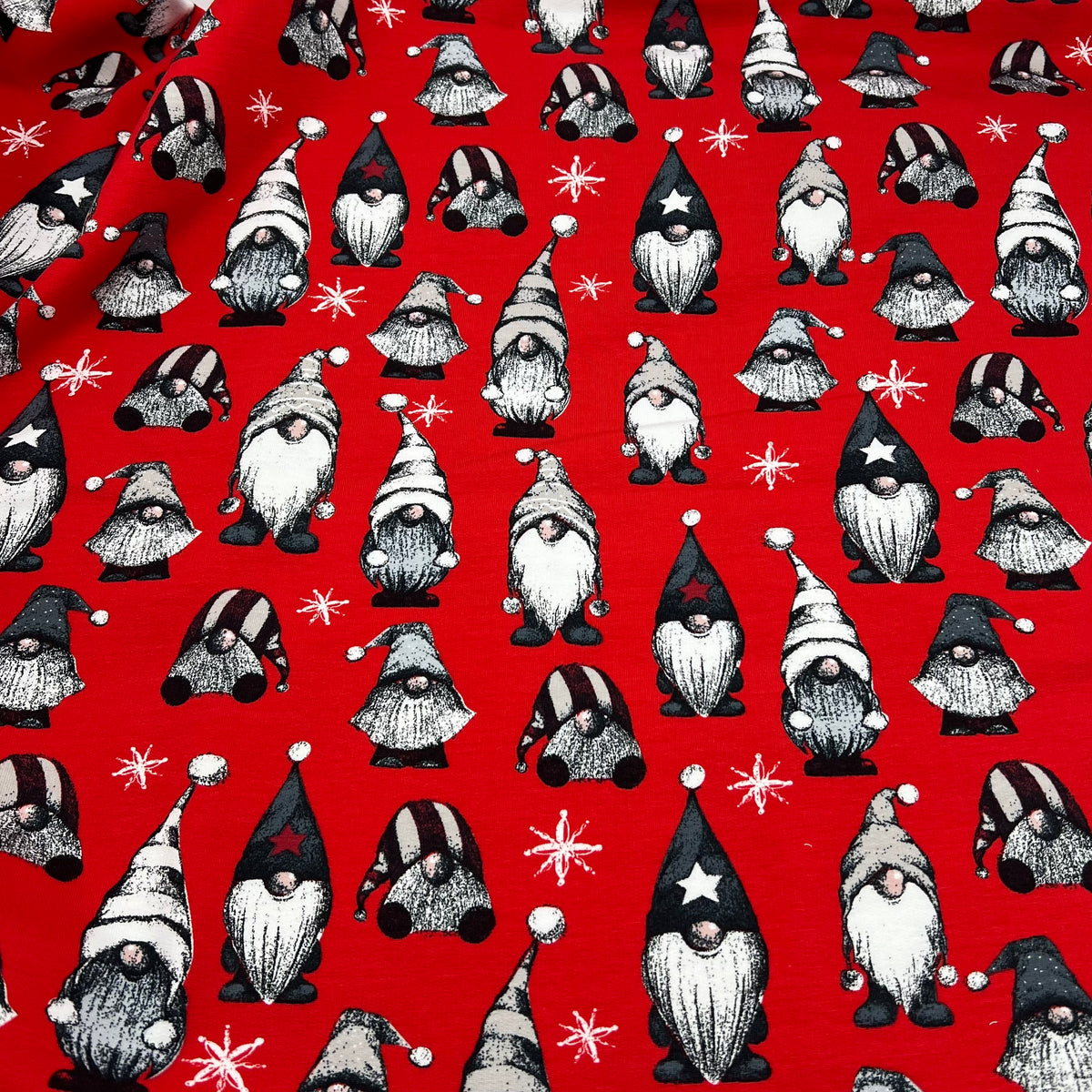 Festive Gnomes French Terry Loopback Cotton Jersey Lycra 4 Way Stretch