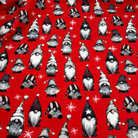 Festive Gnomes French Terry Loopback Cotton Jersey Lycra 4 Way Stretch